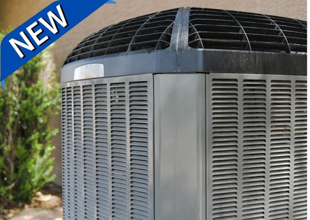 Modern outdoor air conditioning condenser unit with horizontal louvered panels and dark fan housing mounted on concrete pad.