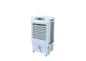 White portable evaporative cooler with digital control panel, horizontal louvers, and caster wheels for mobility.